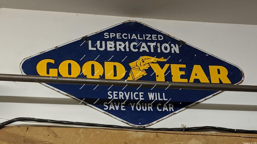 Goodyear Specialized Lubrication Service will save your car" Double Sided Porcelain Sign"
