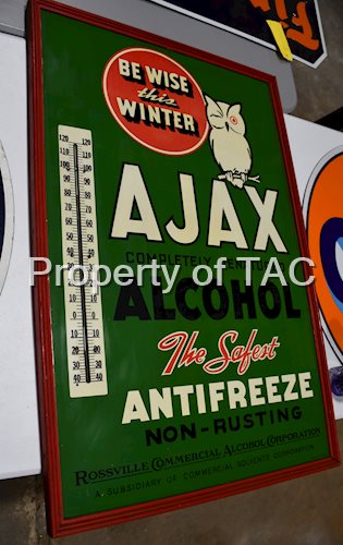 Ajax Alcohol Antifreeze w/Owl Logo Metal Thermometer Sign