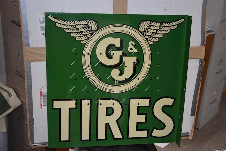 G&J Tires w/white-winged tire logo metal flange sign,