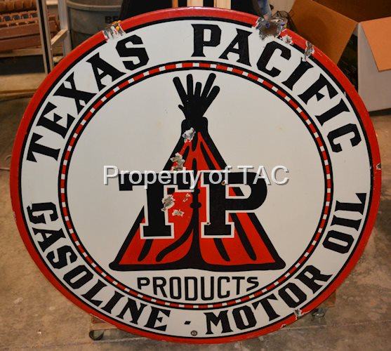 TP Texas Pacific Gasoline Motor Oil w/Logo Porcelain Sign