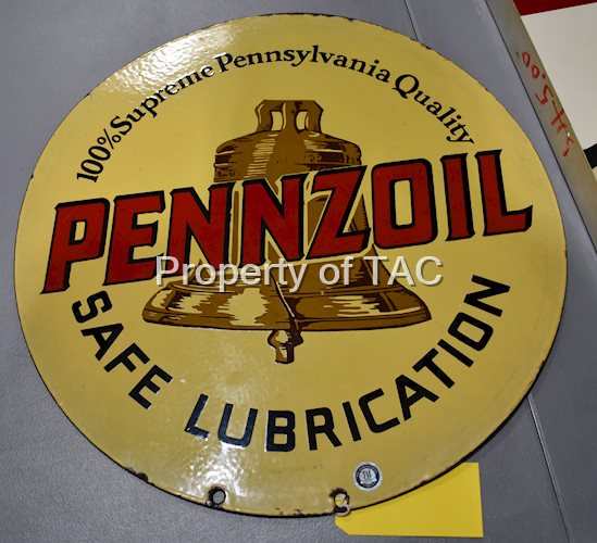 Pennzoil Safe Lubrication w/Brown Bell Logo Porcelain Sign