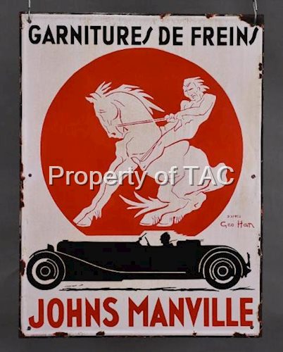 Johns Manville Garnitures De Freins w/Horse & Car Porcelain Sign