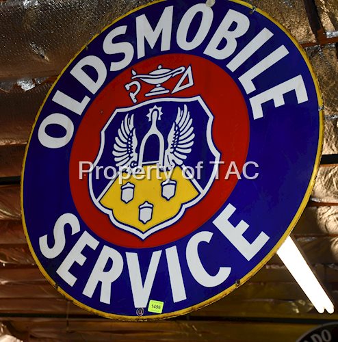 OLDSMOBILE SERVICE W/CREST LOGO DOUBLE-SIDED PORCELAIN SIGN