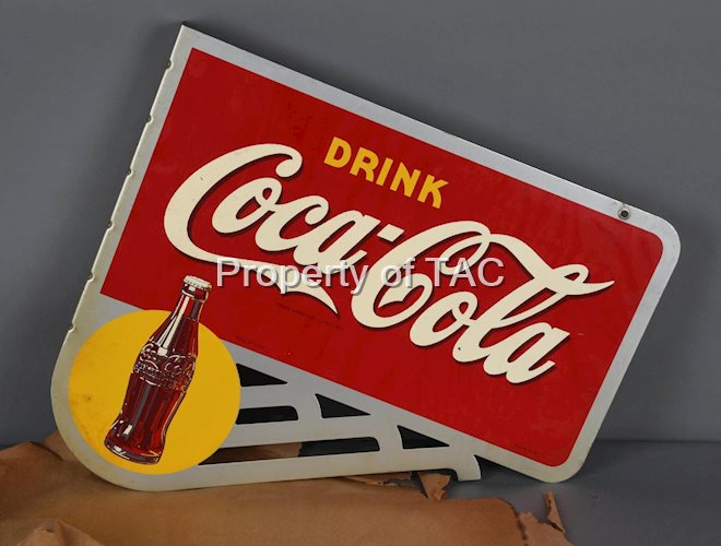 Drink Coca-Cola w/Bottle in Yellow Spot Metal Flange Sign (TAC)