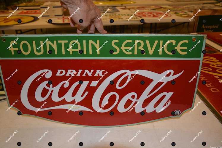 Drink Coca-Cola Fountain Service w/trademark in tail porcelain sign