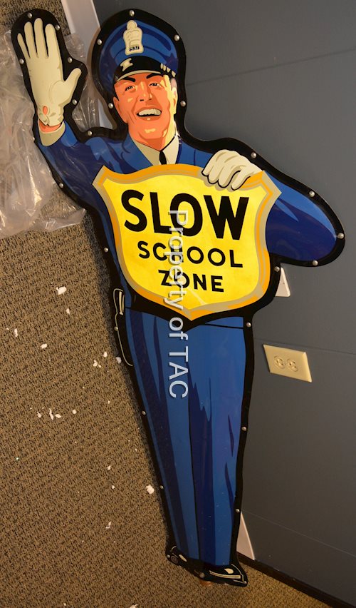 Coca-Cola Policeman "Slow School Zone" Metal Sign