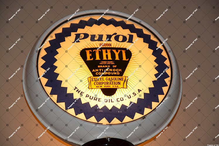 Pure Purol w/ethyl logo & sawtooth border 15D single globe lens"