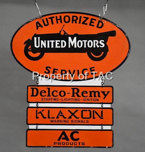 Rare United Motors Service w/Delco-Remy, Klaxon & AC Porcelain Sign