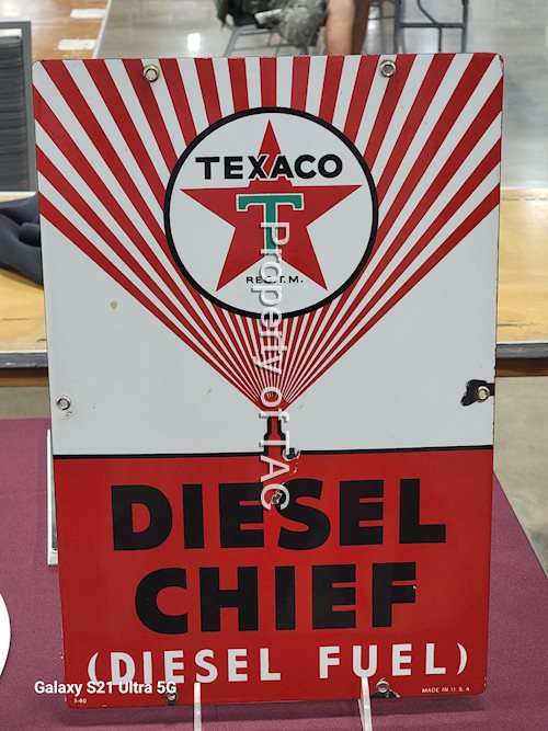 Texaco (white-T) Diesel Chief Porcelain Pump Sign (wide spray)