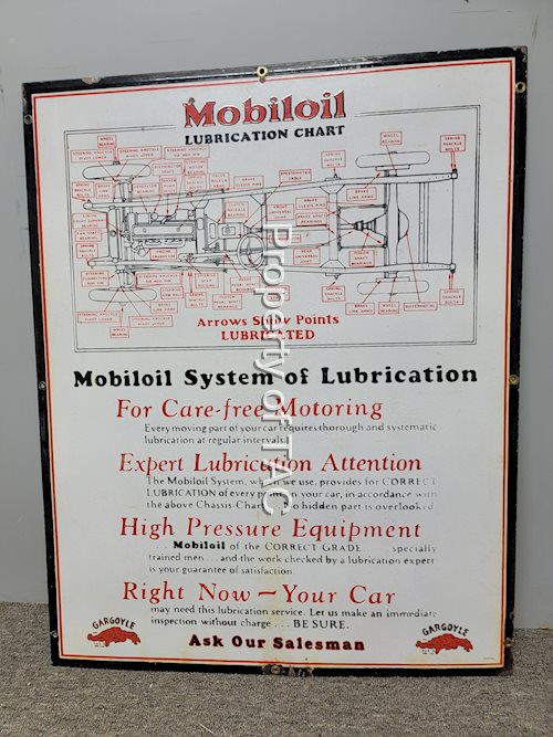 Mobiloil Lubrication Chart w/Gargoyle Logo "As Our Salesman" Porcelain Sign