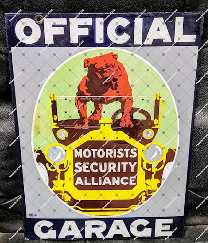 Official Motorists Security Alliance Garage DSP Double Sided Porcelain Sign