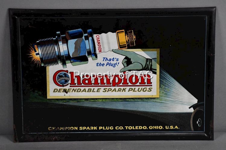 Champion "Dependable Spark Plugs" w/Images Metal Cardboard Backed Sign