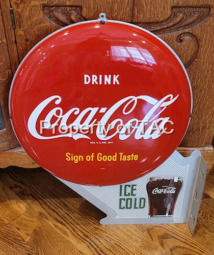 Drink Coca Cola Ice Cold Tin Flange Sign w/ two Buttons