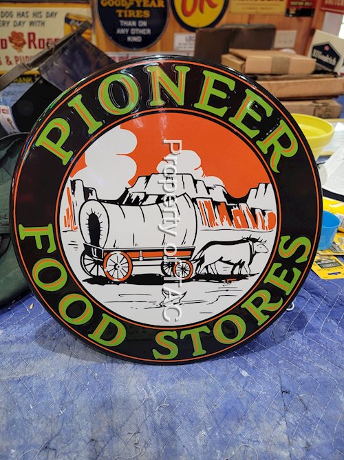 Pioneer Food Stores w/Image Porcelain Sign