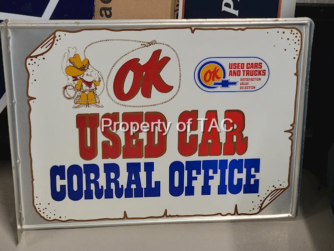 (Chevrolet) OK Used Car Corral Office w/Logos Metal Flange Sign