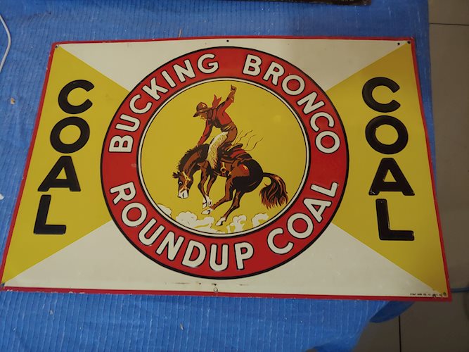 Bucking Brown Roundup Coal w/Logo Metal Sign