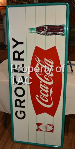 Coca-Cola in Fishtail Grocery w/Can & Bottle Metal Sign