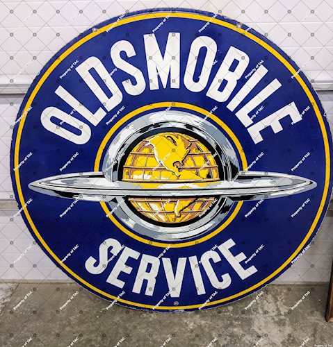 Oldsmobile Service DSP Double Sided Porcelain Sign w/ World Logo
