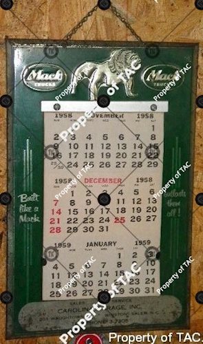 Mack Trucks SST Single Sided Embossed Tin Calendar Carolina Garage Inc, Winston Salem NC with cardboard back