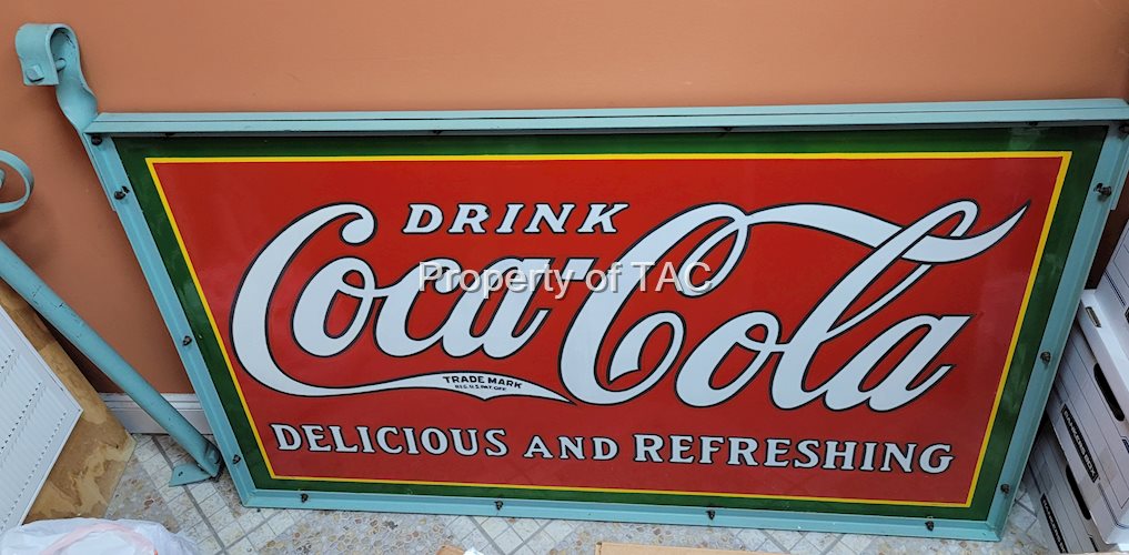 Drink Coca Cola Double Sided Porcelain Sign w/ Original Mounting Arm and Frame
