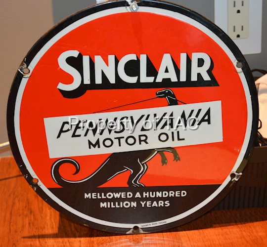 Rare Sinclair Pennsylvania Motor Oil w/Standing Dinosaur logo Porcelain Pump Sign