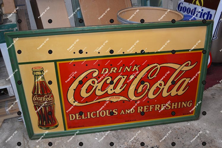 1933 Drink Coca-Cola Delicious and Refreshing w/christmas bottle logo metal sign