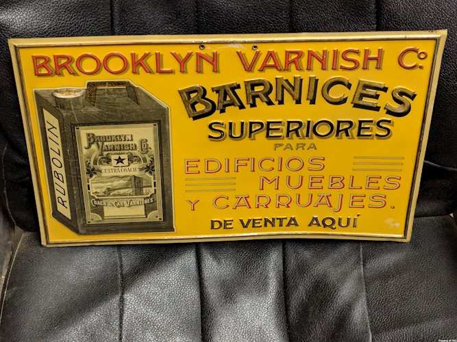 Brooklyn Varnish Co. Coach & Car Varnishes Barninces Superiores SST Single Sided Tin Embossed Sign