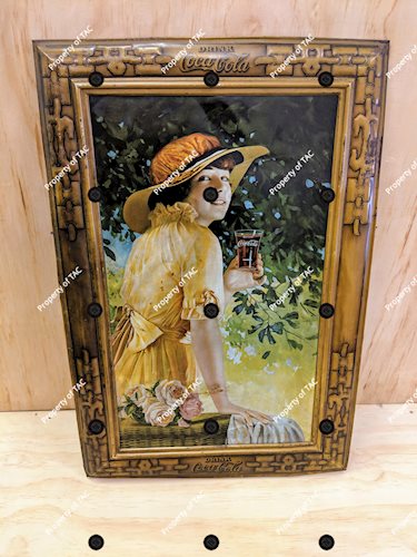 Coca Cola Self Framed Tin Lithograph Advertising Sign w/ Pictoral Lady with early Fountain Glass
