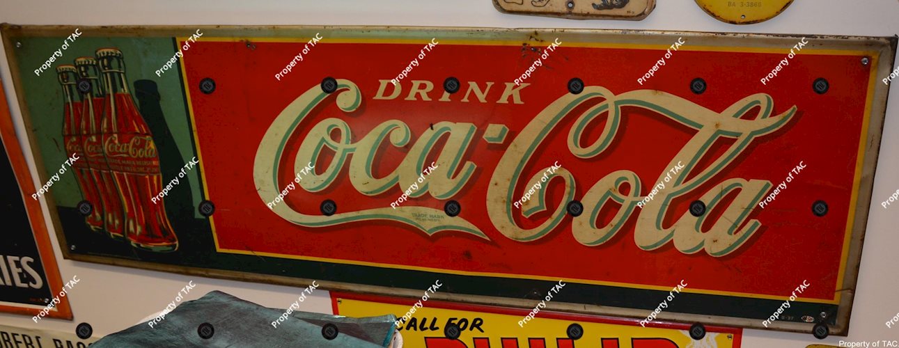 Drink Coca-Cola w/three bottles metal sign