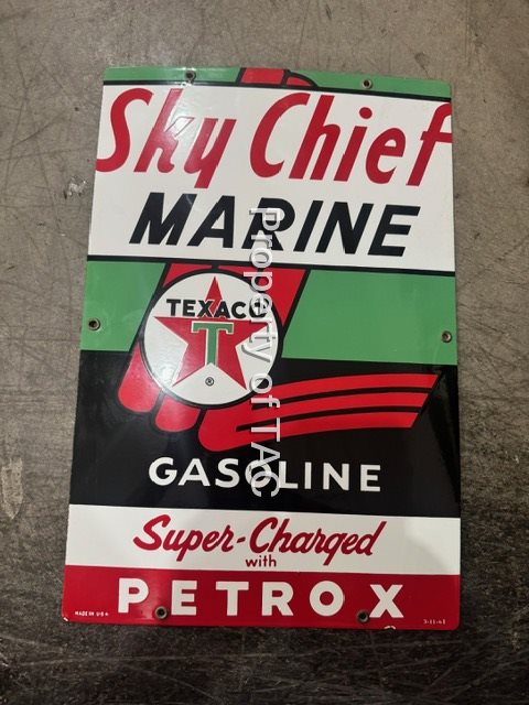 Texaco Sky Chief Marine Gasoline w/Petrox Porcelain Pump Sign