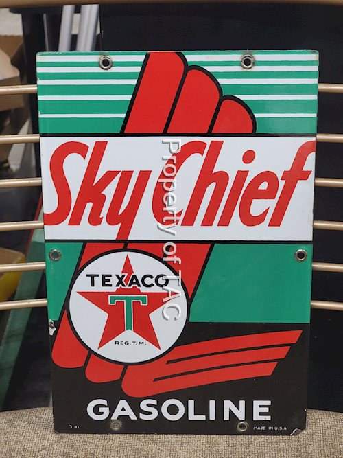 Texaco (white-T) Sky Chief Gasoline Porcelain Pump Sign (small)