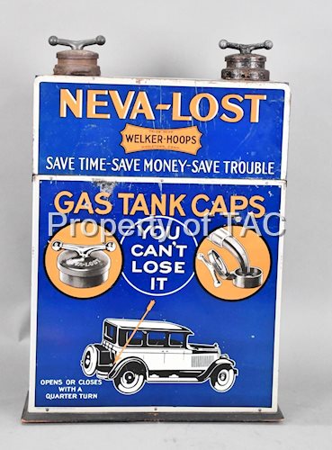 Neva-Lost Gas Tank Caps by Welker-Hoops Metal Counter-Top Display