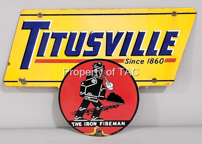 Titusville "The Iron Fireman" Porcelain Sign