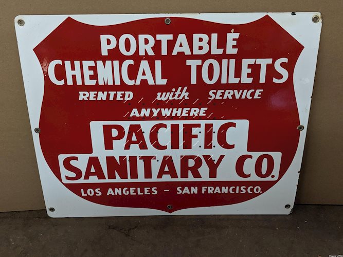 Pacific Sanitary Company Portable Chemical Toilets SSP Single Sided Porcelain Sign Los Angeles San Francisco