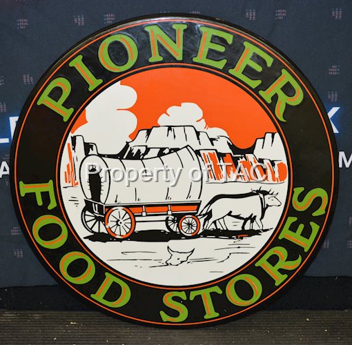 Pioneer Food Stores w/Conestoga Wagon Logo Porcelain Sign