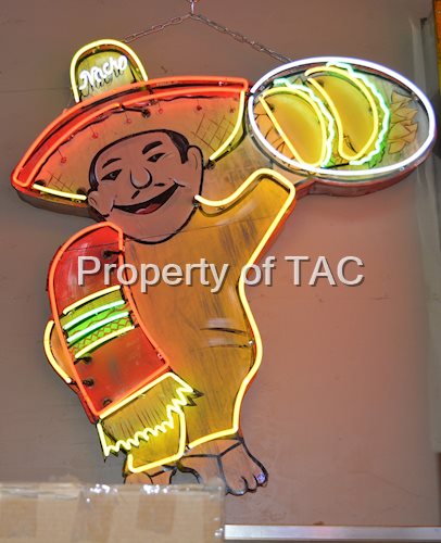 Nachs Metal Neon Sign (Mexican holding 2-Tacos)