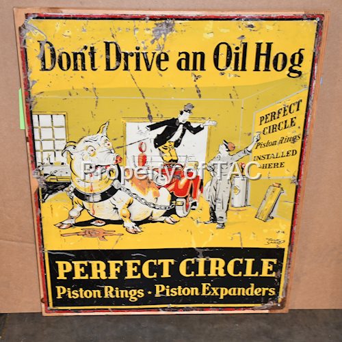 Perfect Circle Piston Rings w/Hog Chained to Car Metal Sign
