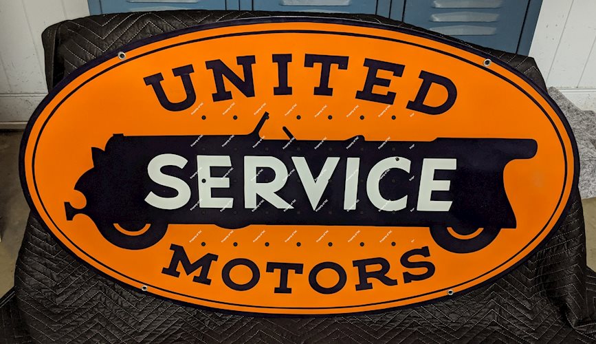 United Motors Service DSP Double Sided Porcelain Sign