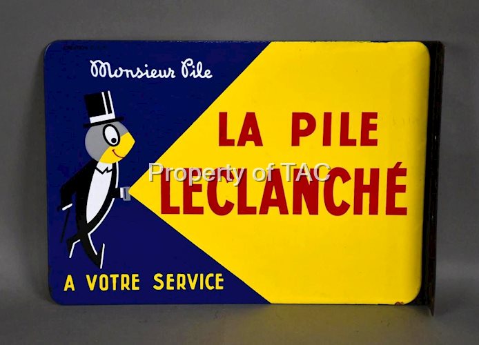 Monsieur Pile La Pile Leclanche (batteries) w/Logo Porcelain Flange Sign (TAC)