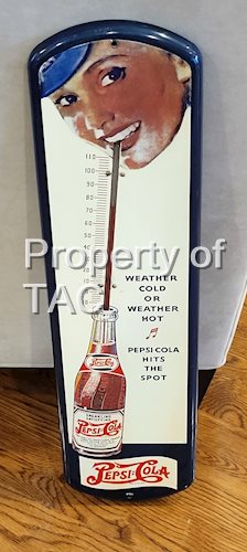 Pepsi Cola Double Dot Weather Cold Or Weather Hot Tin Thermometer w/ Lady & Straw Graphics
