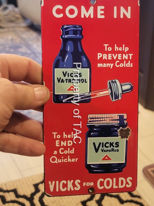 Vicks for Colds w/Images Porcelain Door Push Sign