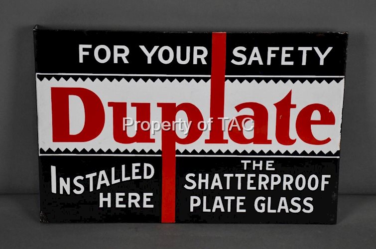 Duplate Installed Here "The Shatterproof Plate Glass" Porcelain Flange Sign