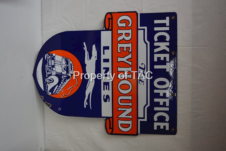 The Greyhound Lines Ticket Office w/Box & Dog Logos Porcelain Sign