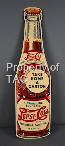 Di-Cut Pepsi:Cola "Take Home a Carton" Metal Bottle-Shaped Sign