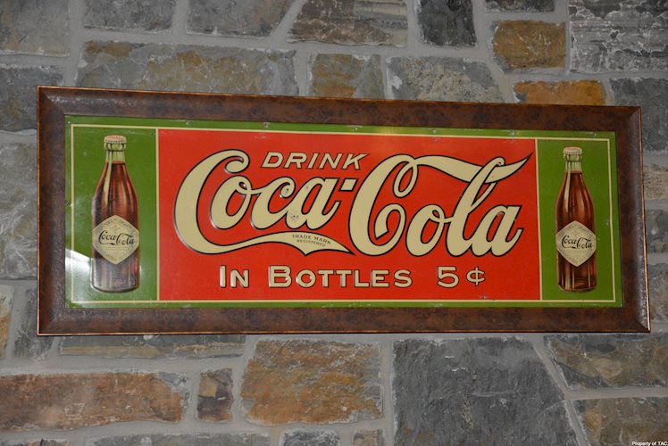 Drink Coca-Cola w/early paper label bottle sign,