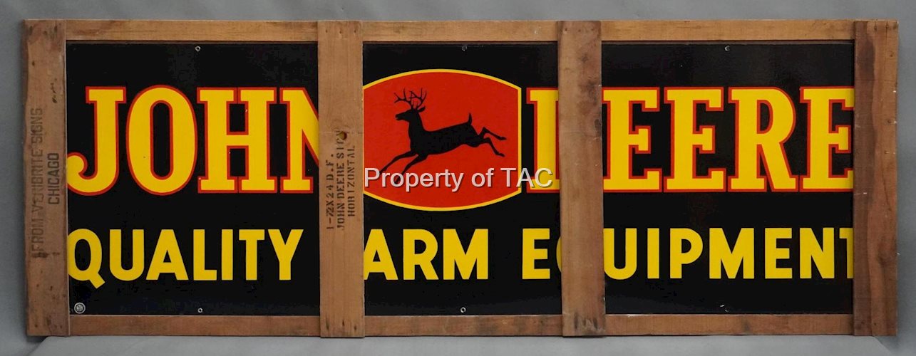 John Deere Quality Farm Implements w/Black Stick Deer Logo Porcelain Sign  NIB