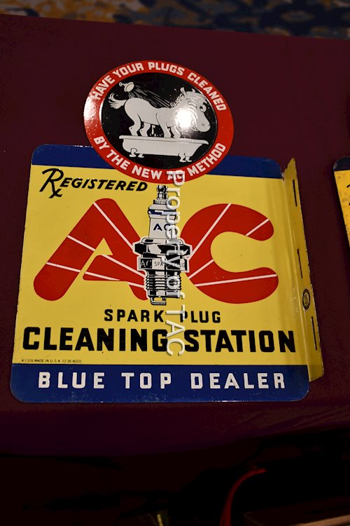 AC Spark Plug Cleaning Station Blue Top Dealer Metal Flange Sign