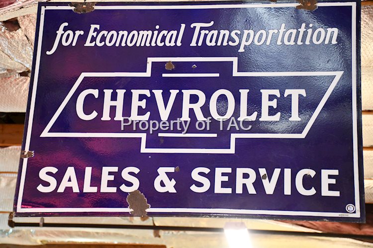 CHEVROLET SALES & SERVICE "FOR ECONOMICAL TRANSPORTATION" DOUBLE-SIDED PORCELAIN SIGN