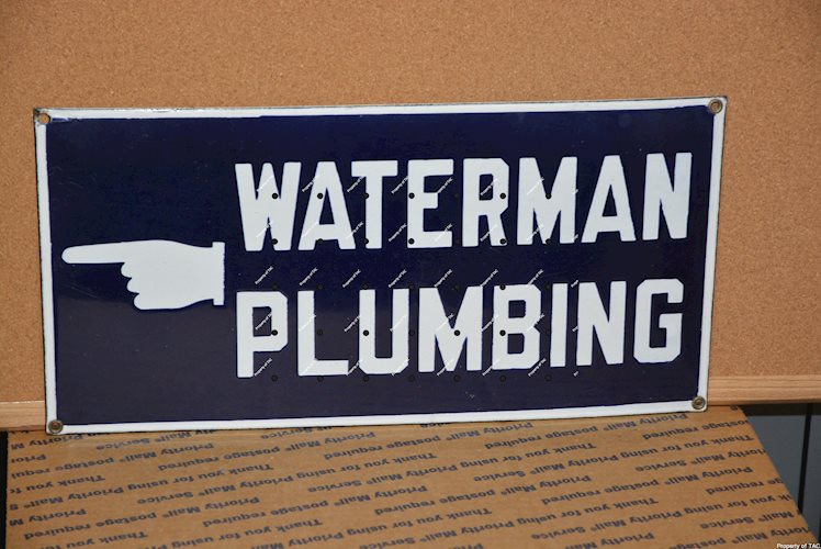 Waterman Plumbing w/hand pointing left porcelain sign
