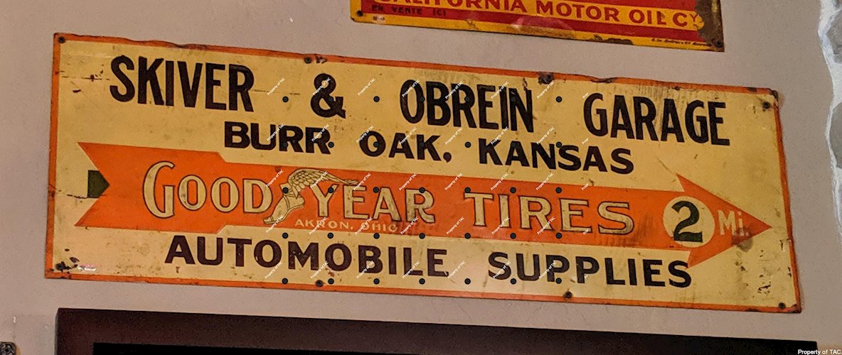 Good Year Tires and Automobile Supplies with Arrow 2 Miles" Embossed Tin Sign"